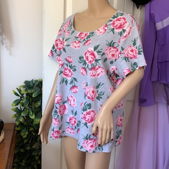 Pink roses on grey short sleeved scoop neck Soft CASUAL t-shirt tunic top XL - Picture 9 of 9